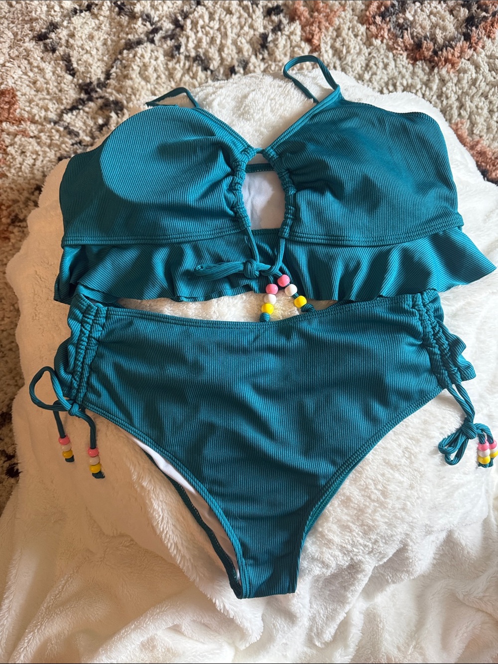 SHEIN Teal Ruffled Two-Piece Bikini with Bead Accents